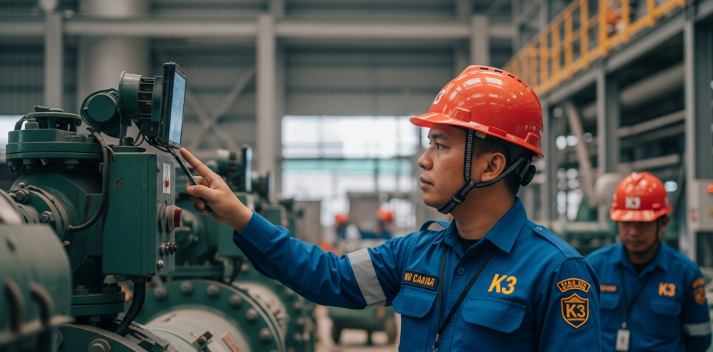 Gambar Petugas K3 Sedang mengontrol mesin agar terciptanya Keselamatan dan Kesehatan Kerja Karyawan